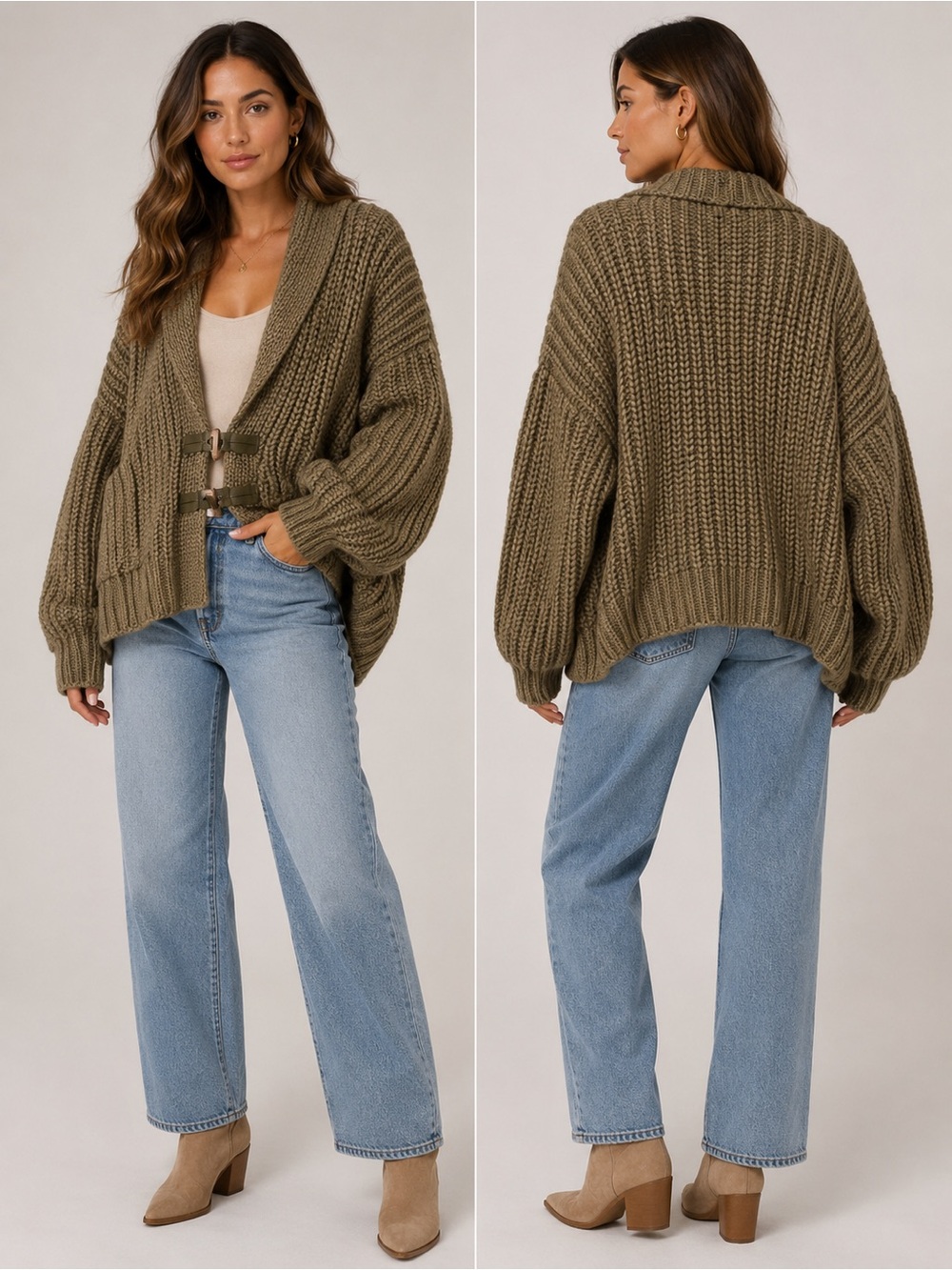 saltwater LUXE Olive Green Chunky Shawl-Collar Cardigan with Toggle Closures